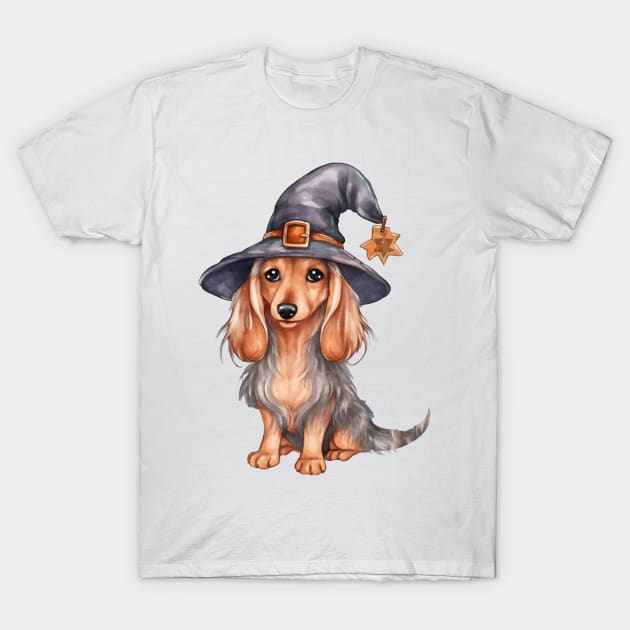 Watercolor Dachshund Dog in Witch Hat T-Shirt by Chromatic Fusion Studio